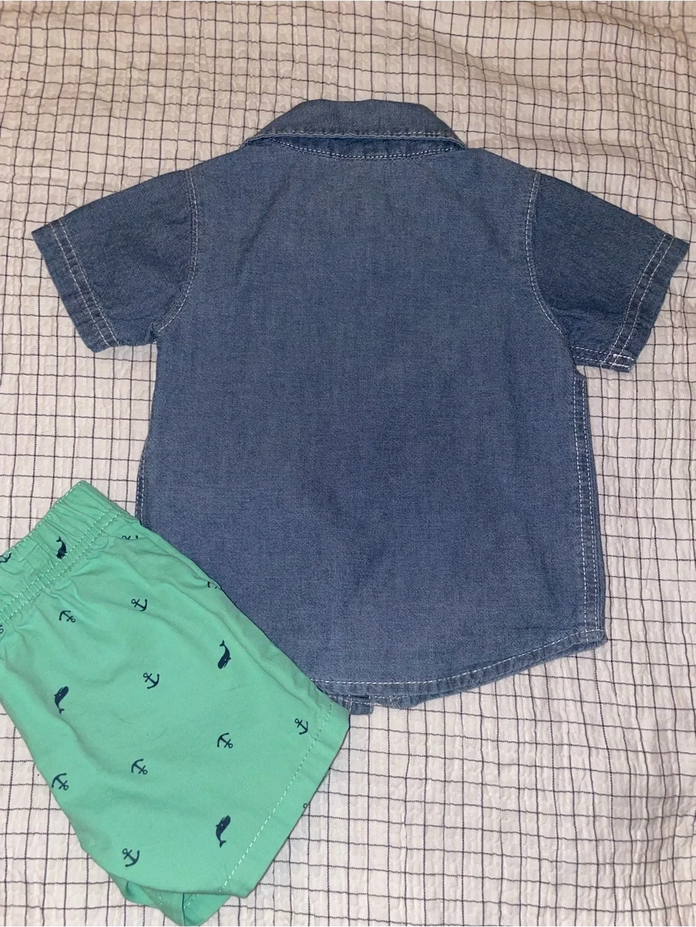 2 PC Carter's Blue Chambray Button-Up Shirt with Mint Anchor Accent and Shorts